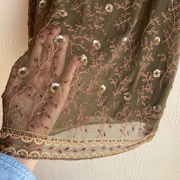 Vintage Y2K Express olive green beaded silk mini skirt Size S - Picture 4 of 15